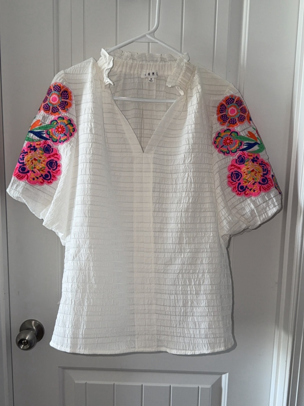 White Embroidered Split-Neck Women's Top
